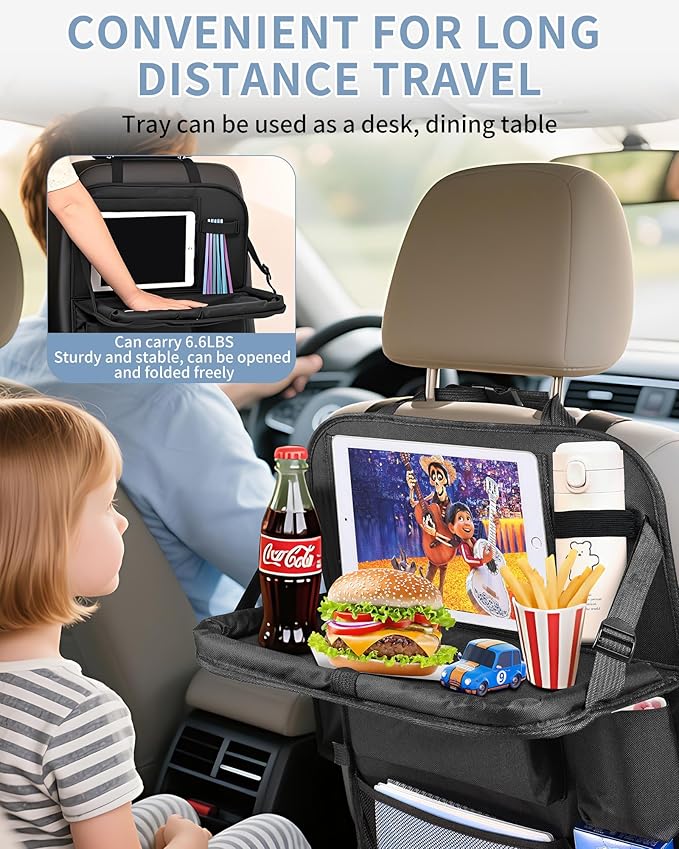 Backseat Car Organizer with Touch Screen Tablet Holder, Storage Pockets, Foldable Food Tray, Kick Mats Back Seat Protector, Travel Accessories for Kids and Adults (Upgraded Rear Organizer-1pcs)