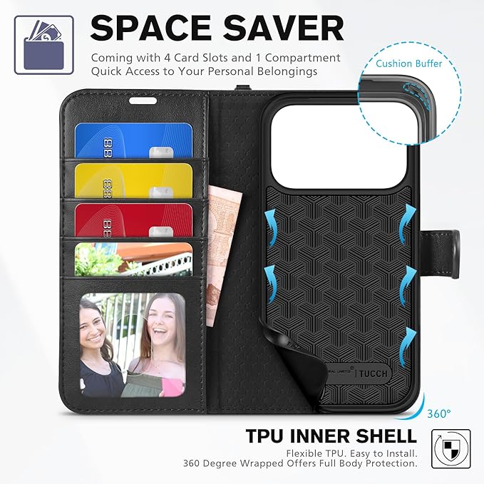 TUCCH Wallet Case for iPhone 17 Pro (6.3") 2025, Wrist Strap RFID Blocking 4 Card Slots, Kickstand, Shockproof TPU Shell, PU Leather, Magnetic Closure, Protective Flip Folio Cover, Black