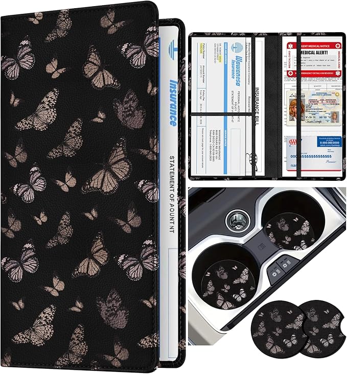 Slohif Car Registration and Insurance Holder - Butterfly Vehicle Glove Box Organizer Women with Magnetic Shut Leather Automobile License Holders Coasters Auto Accessories Case for Document