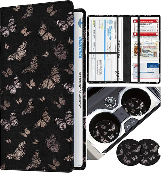 Slohif Car Registration and Insurance Holder - Butterfly Vehicle Glove Box Organizer Women with Magnetic Shut Leather Automobile License Holders Coasters Auto Accessories Case for Document