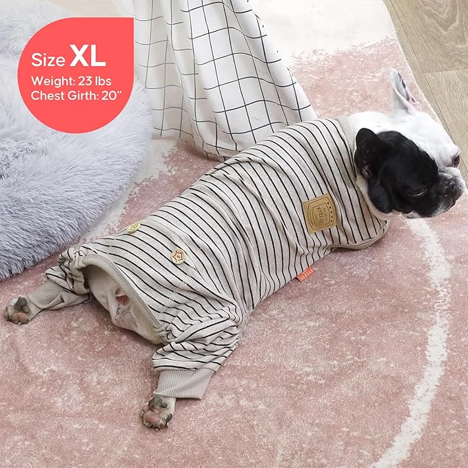 KYEESE Dog Pajamas Stretchable 4 Legs Doggie Jammies Striped Dog PJS Jumpsuit Lightweight Onesie Puppy Pajamas Soft Breathable Cozy Pet Outfit PJS Comfortable Sleepwear,Ivory Brown Striped, X-Small