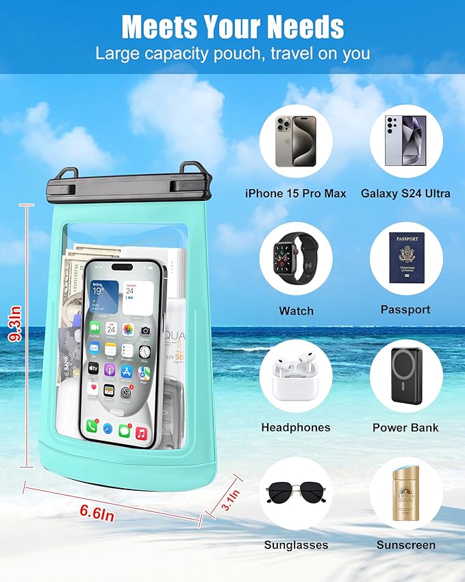Waterproof Phone Pouch for iPhone 16 15 14 11 Pro Max & Galaxy S24 S21 - Floating Large Capacity Dry Bag Stores Sunscreen, Sunglasses - Oversized Waterproof Bag for Beach, Swimming, Kayaking
