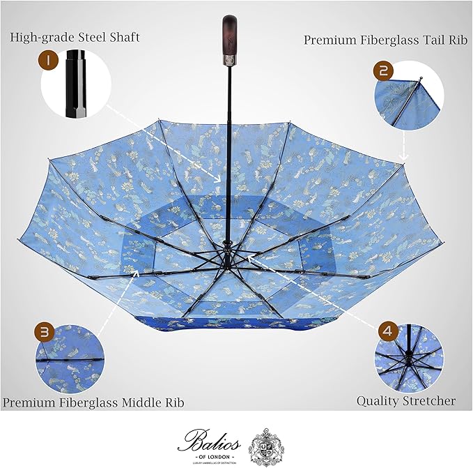 Balios Travel Folding Umbrella with Real Wood Handle Auto Open Close Vented Windproof Canopy - Designed in UK
