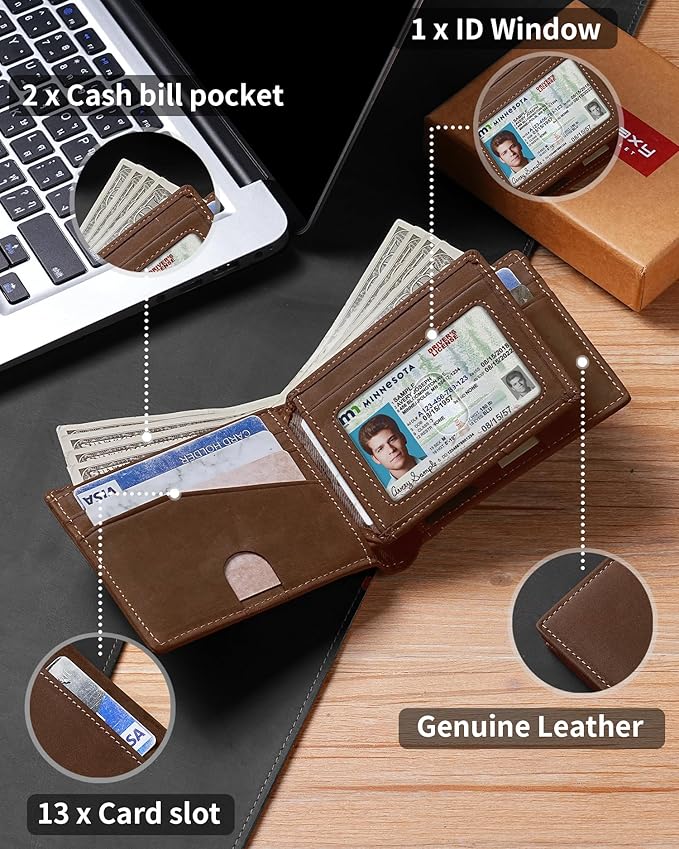 Artpaxy Mens Wallet Bifold Genuine Leather RFID Blocking Wallet for Men with 1 ID Windows 13 Card Holders 2 cash pockets 1 Gift Box