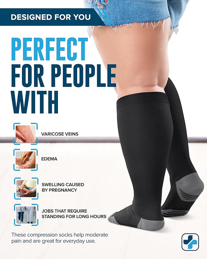 Doctor's Select 3 Pairs Plus Size Compression Socks Wide Calf - Up to 6XL | 20-30 mmHg Compression Socks for Women Wide Calf | Black
