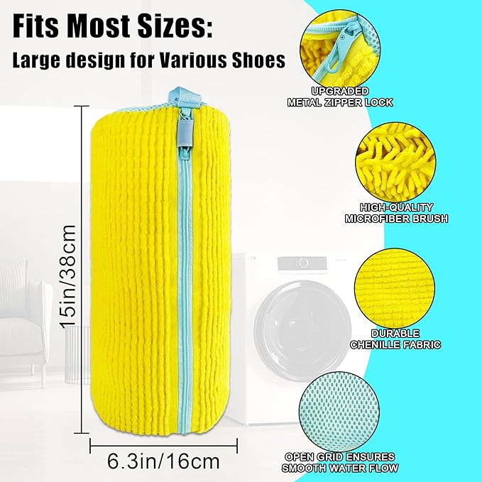XXL Shoe Washing Machine Bag - 2 Reusable Shoes Cleaning Bags for Washer And Dryer, Durable Zipper Laundry Shoe Bag 360° Deep Clean Sneaker Tennis Include Mesh Wash Bags & Bra Laundry Bags (Yellow)