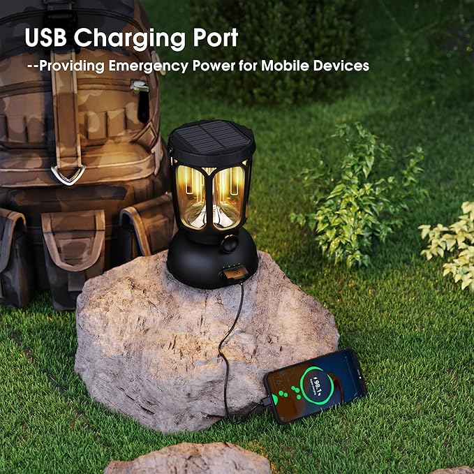 Mesqool Camping Lantern Rechargeable Battery 6000mAh, 650LM LED Lanterns for Power Outages Emergency Hurricane, Solar Hand Crank Lantern for 200 Hours