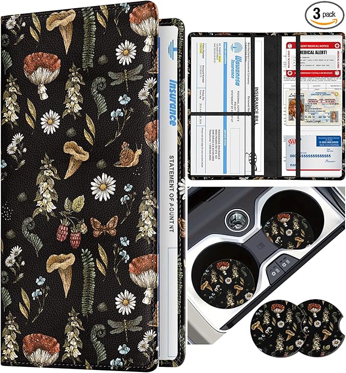 Slohif Car Registration and Insurance Card Holder with Magnetic Shut - Vehicle Glove Box Organizer Women Leather Automobile License Holders Coasters Auto Accessories Case for Document,Mushroom