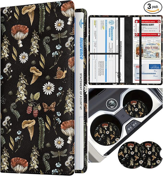 Slohif Car Registration and Insurance Card Holder with Magnetic Shut - Vehicle Glove Box Organizer Women Leather Automobile License Holders Coasters Auto Accessories Case for Document,Mushroom