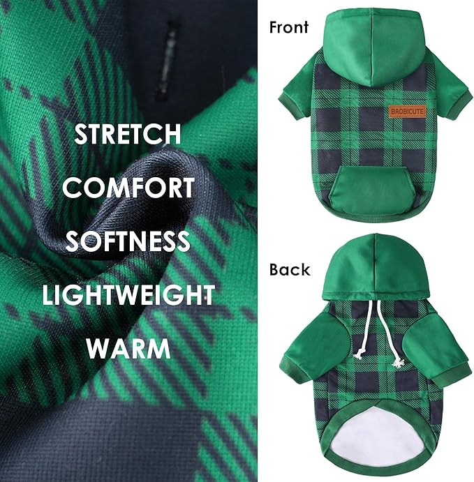 BAOBICUTE Dog Basic Hoodie Soft Dog Clothes Cold Weather Sweaters for Medium Large Dogs Cozy Fabric Warm Sweatshirt with Leash Hole (Green Plaid, L (Back: 20.47",Chest: 28.35", Neck: 21.26"))