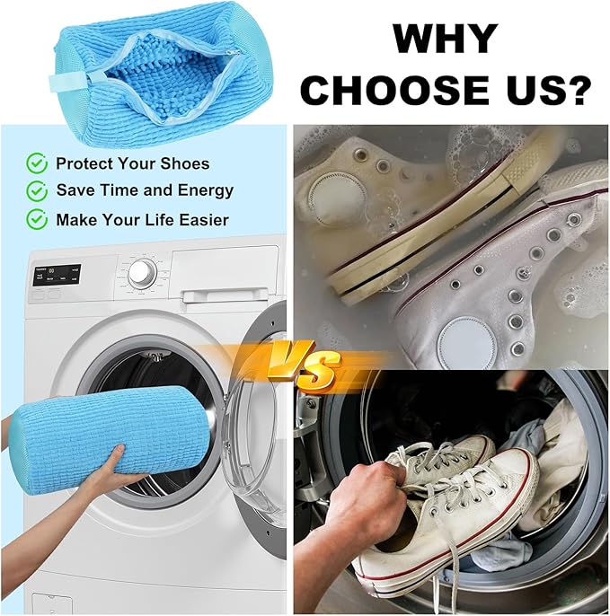 Shoe Washing Machine Bag - Laundry Shoe Bag (2-Pack) Includes 3 Laundry Bags, Reusable, Washer & Dryer Safe, 360° Deep Cleaning for All Shoe Types, Self-Locking Zipper(Blue)
