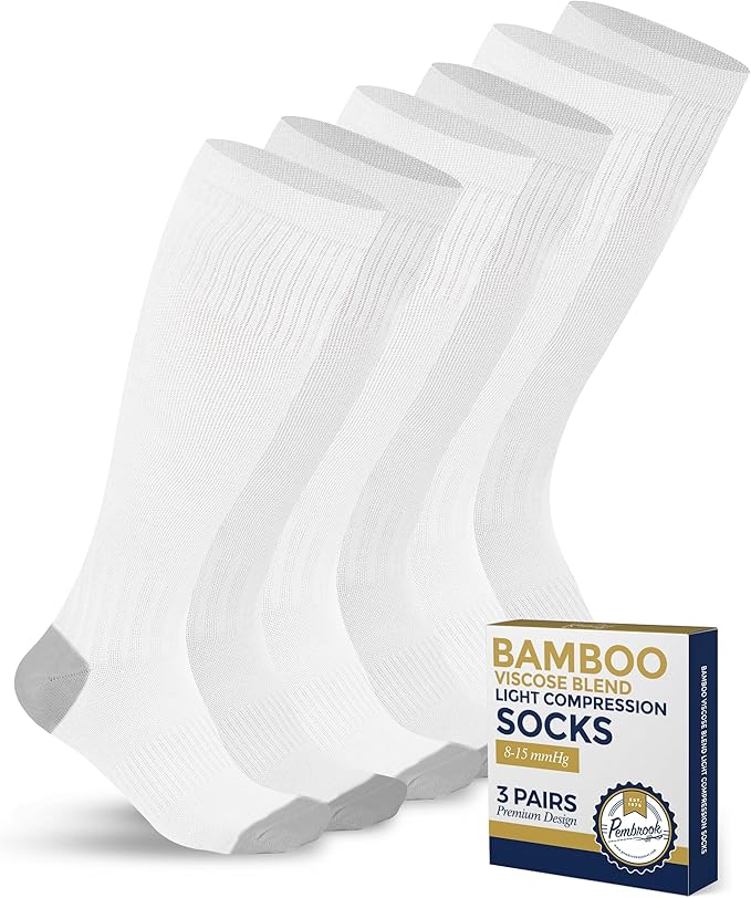 Pembrook Bamboo Viscose Light Compression Socks - 3 Pairs | 8-15 mmhg Compression Socks | Knee High Comfort Support Socks