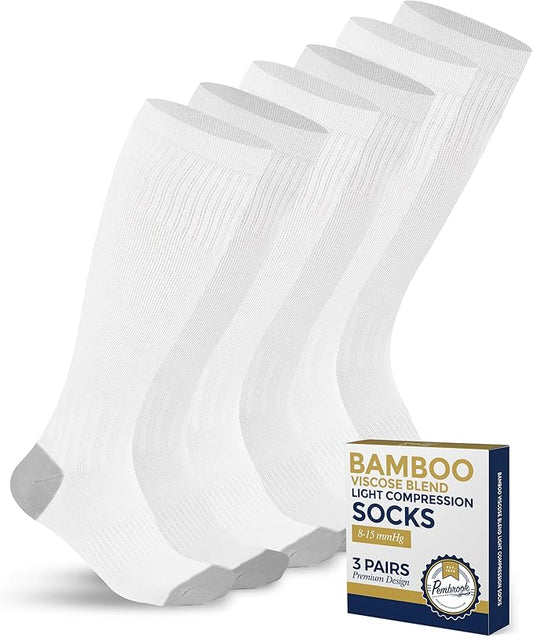 Pembrook Bamboo Viscose Light Compression Socks - 3 Pairs | 8-15 mmhg Compression Socks | Knee High Comfort Support Socks