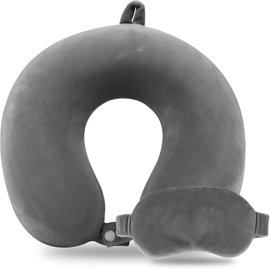 Pure Memory Foam Travel Pillow Set for Adults - Comfortable & Removable Machine Washable Cover, Neck Support Pillow Airplane Travel Kit with Eye Mask for Portable Plane Accessories -Dark Grey