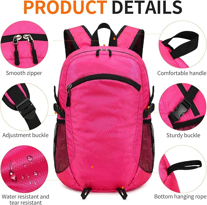 Small Hiking Backpack 15L Travel Lightweight Hiking Packable Daypack Water-Resistant Foldable Backpacks for Women Men Camping (Pink)