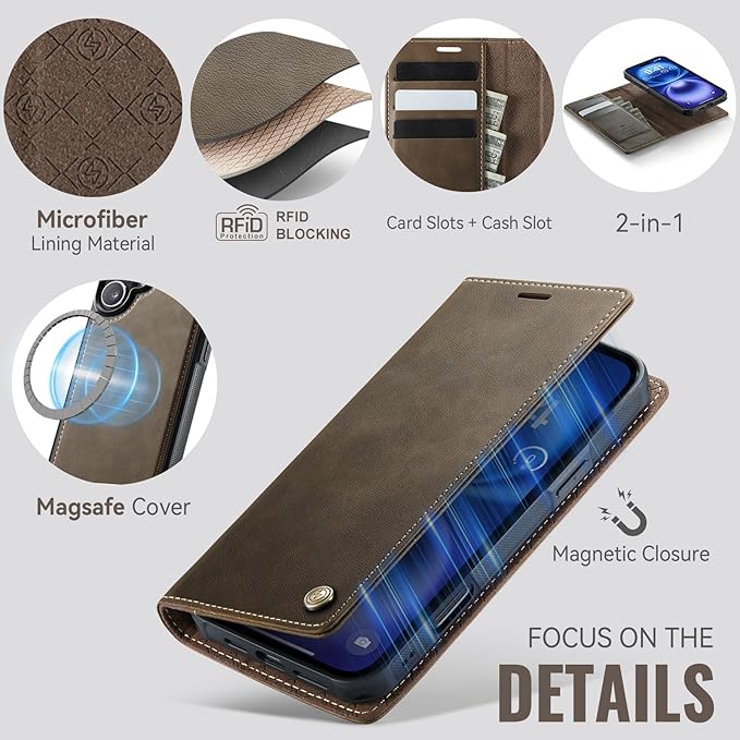 PlusnapX Wallet Case for iPhone 17 Compatible with Magsafe, 2-in-1 PU Leather Flip RFID Blocking Card Holder Stand Shockproof Magnetic Detachable Cover for iPhone 17 Case 6.3", Brown