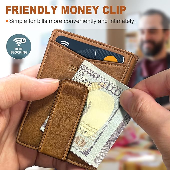 Housmai Magnetic Closure Slim Wallet for Men with Money Clip Gift Boxed,Genuine Leather Front Pocket Wallet, 3.9"x 2.7", RFID Blocking