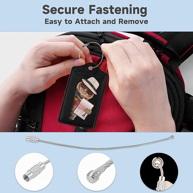 2 Pack Leather Luggage Tag for Suitcase Funny Cat Passport Airline Ticket Unique Travel Tags with Privacy Cover ID Label & Stainless Steel Loop for Men and Women Baggage