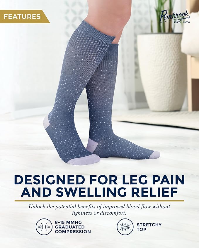 Pembrook Bamboo Viscose Light Compression Socks - 3 Pairs | 8-15 mmhg Compression Socks | Knee High Comfort Support Socks