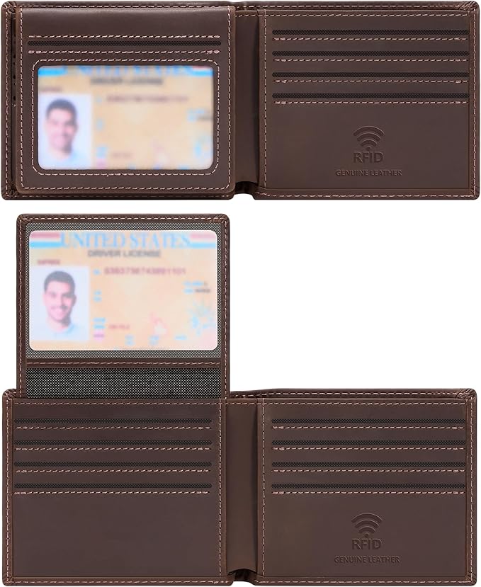 Travelambo Genuine Leather Wallet for Men with Gift Box - Handmade Bifold Stylish - Mens Wallets Rfid Blocking with 2 ID Windows