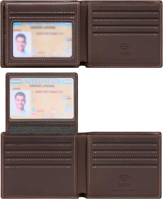 Travelambo Genuine Leather Wallet for Men with Gift Box - Handmade Bifold Stylish - Mens Wallets Rfid Blocking with 2 ID Windows