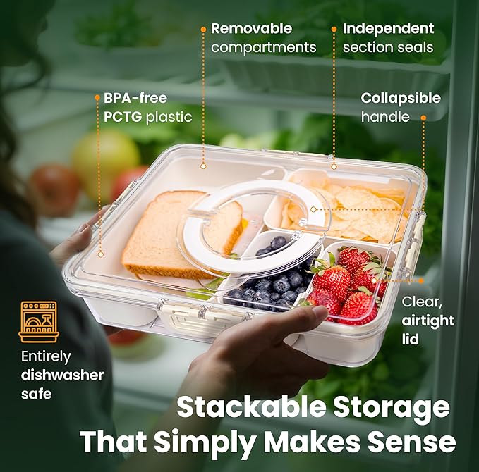 Dishwasher Safe Snackle Box Container 11 Removable Compartments - Divided Serving Tray with Lid and Handle - Portable Snack Box BPA Free - Premium PCTG Plastic Snack Tray