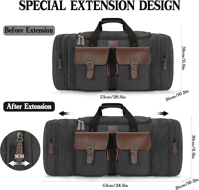 Canvas Duffle Bag for Men 50L Travel Duffel Bags Expandable Genuine Leather Overnight Weekender Carry On Bag Two Zipper Pockets Travel Bag (Black, Large-50L)