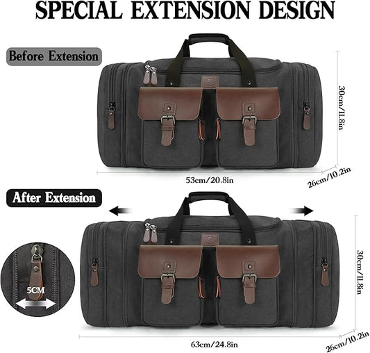 Canvas Duffle Bag for Men 50L Travel Duffel Bags Expandable Genuine Leather Overnight Weekender Carry On Bag Two Zipper Pockets Travel Bag (Black, Large-50L)