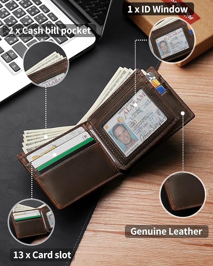 Artpaxy Mens Wallet Bifold Genuine Leather RFID Blocking Wallet for Men with 1 ID Window 13 Card Holders 2 cash pockets 1 Gift Box
