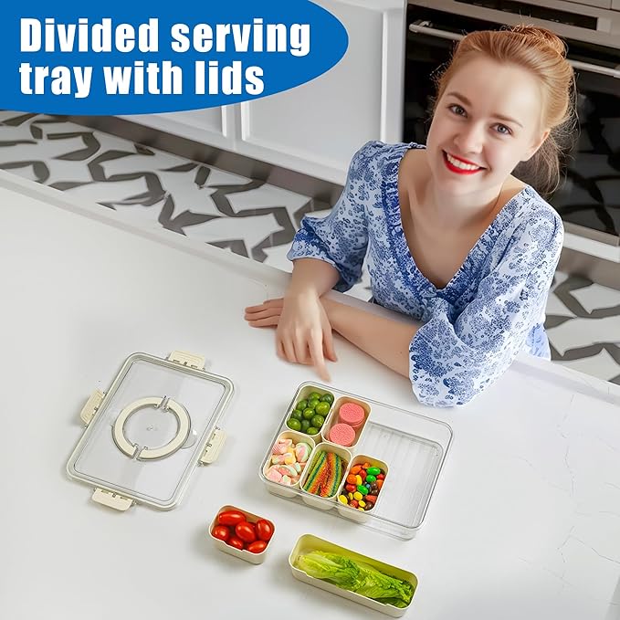 Bandesun Divided Serving Tray with Lid and Handle - Snackle Box Charcuterie Container for Portable Snack Platters - Ideal for Party and Entertaining - Clear Organizer for Candy, Fruits and Nuts