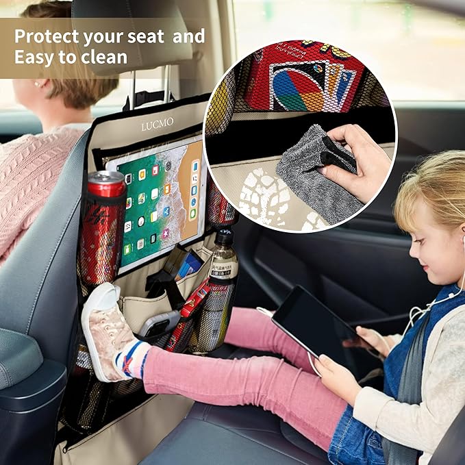 LUCMO Car Backseat Organizer with Touch Screen Tablet Holder-2 Pcs,9 Storage Pockets Car Storage Organizer Protectors Kick Mats Travel Accessories for Kids-Beige