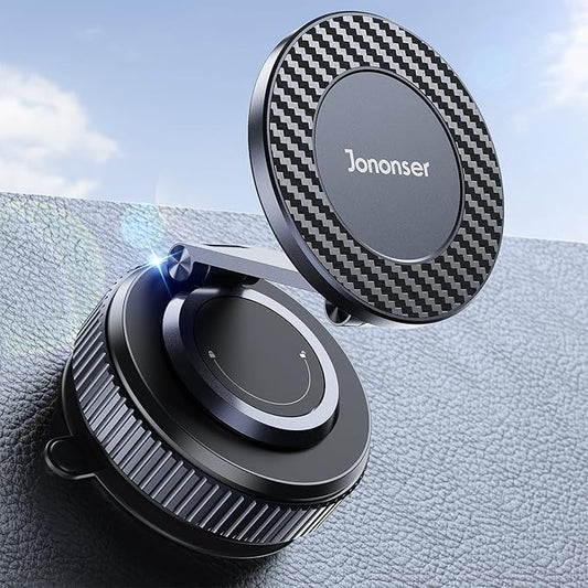 Suction Phone Mount for Car Dashboard/Windshield - 360°Adjustable Magnetic Phone Holder for Car, Foldable Car Phone Holder for iPhone 17/16/15/14/13/12 Series (Carbon Fiber & Aluminum Alloy)
