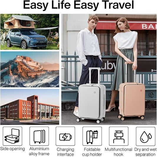 mixi Large Checked Luggage with Cup Phone Holder and Charger Hard Shell Suitcases with Spinner Wheels, 26 Inch Light Pink