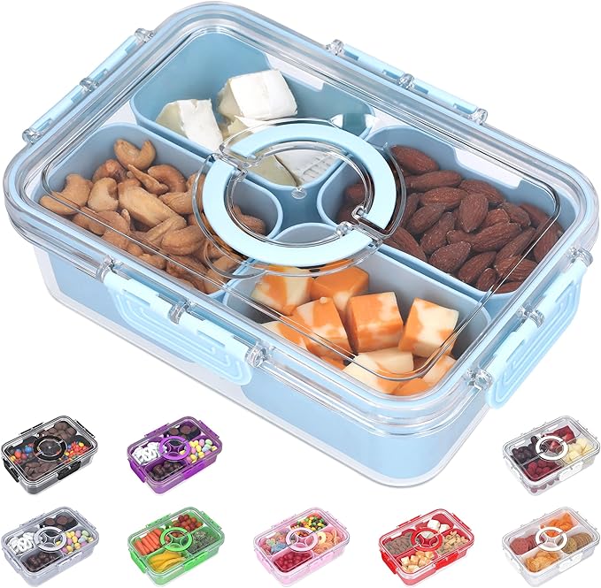 Snackle Box Container with Lid- Travel Charcuterie Box with Handle - Organizer for Candy, Fruit, Nuts, Veggies, Snacks, Beach Essentials, Portable Lunch Box (Blue, Small)
