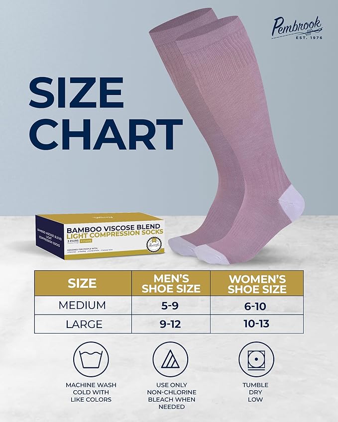 Pembrook Bamboo Viscose Light Compression Socks - 3 Pairs | 8-15 mmhg Compression Socks | Knee High Comfort Support Socks