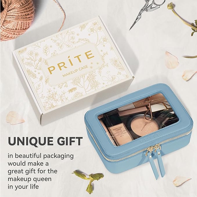 Prite Clear Makeup Bag Cosmetic Organizer Case Waterproof Travel Toiletry Bag Skincare Pouch with Golden Zipper(Blue)