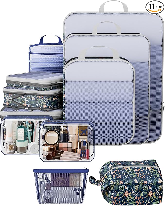 Veken 11 Set Compression Packing Cubes for Travel Essentials,Compressible Expandable Large Luggage Suitcase Organizer Bags for Clothing,Durable Space Saver Storage Bags(Dark Blue Floral)