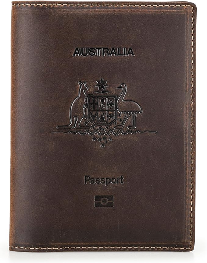 Top Grain Leather Single Travel Passport Wallet Embossing Badge for Unisex, Folio Design for Passport & Multi Cards, RFID Blocking for Passport/Cards/Checks/Bills/AirTag, Coffee Default, AU