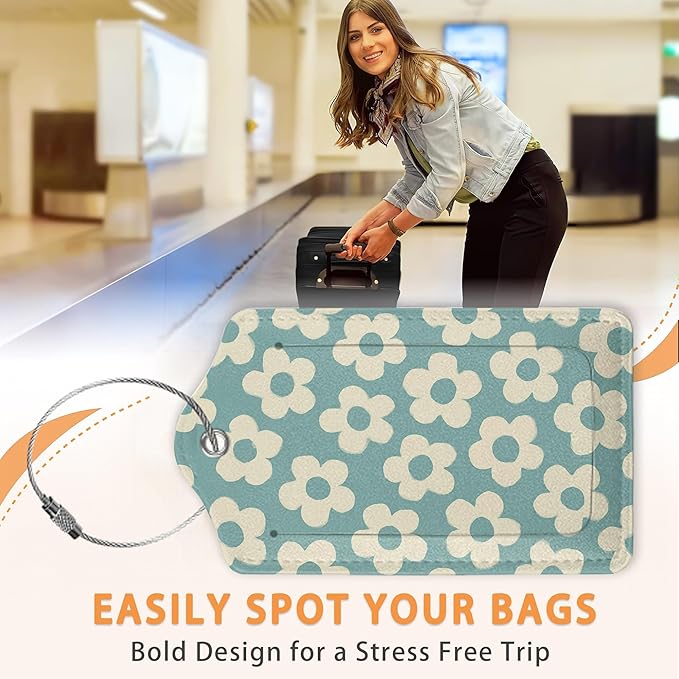 Vintage Cream Daisy 3 Pack PU Leahter Luggage Tag with Stainless Steel Loop, Pastel Pink Floral Checkerboard Travel Suitcase Labels with Privacy Cover ID Label Quickly Spot for Bags