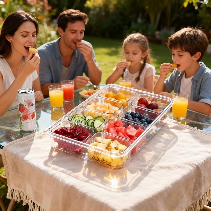 Premium Leak-Proof Snackle Box Container with 8 Clear Compartments & 6 Airtight Lids | Portable Clear Snack Tray with Lid & Handle | Divided Serving Tray for Fruits, Snacks, Sauces, Veggie & More