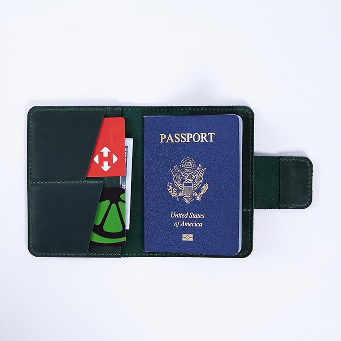 Leather Travel Passport Wallet - Passport Holder for Travel Compatible with Airtag Passports Cover with Card Slots & Note Compartment, Magnetic Closure, Genuine Leather Crazy Horse, Vintage Green