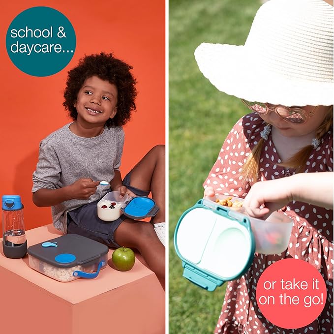 b.box Snack Box - Leakproof Mini Bento Box for Kids & Toddlers, 2 Compartment Snack Containers for Kids, Lunch Containers, Dishwasher Safe, BPA Free, PFAS Free, Ages 4m+, 1 3/4 Cup - Flamingo Fizz
