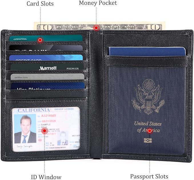 Polare Luxury RFID Blocking Leather Passport Holder Travel Wallet For Men and Women (Black with AirTag Slot)