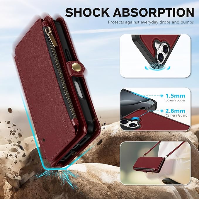TUCCH Detachable Crossbody Case Wallet for iPhone 17 (6.3"), Wireless Charging | RFID Blocking 9 Card Holders | Lanyard | Wrist Strap | Stand | Zipper Pocket | PU Leather | Magnetic Cover | Dark Red