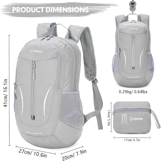 ZOMAKE Ultra Lightweight Packable Backpack 25L, Foldable Hiking Backpacks Water Resistant Small Folding Daypack for Travel(Sliver Grey)