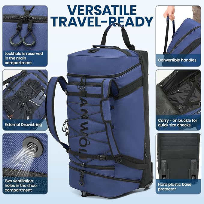 Fanwoli 85L 100L Large Rolling Duffle Bag with Shoes Compartment, 30’’ Expandable & Foldable Heavy Duty Water Resistant Travel Backpack, Convertible Foldable Duffel for Gym Camping Weekender