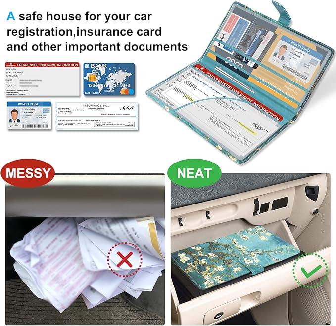 DMLuna Car Registration and Insurance Holder, Leather Vehicle Card Document Glove Box Organizer, Auto Truck Compartment Accessories for Essential Information, Driver License Cards, Almond Blossom