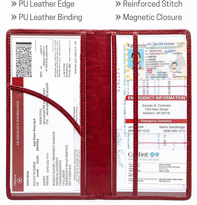 CANOPUS Car Registration and Insurance Holder, PU Leather Card Holder, Vehicle Glove Box Organizer for Auto, SUV, Truck, Red