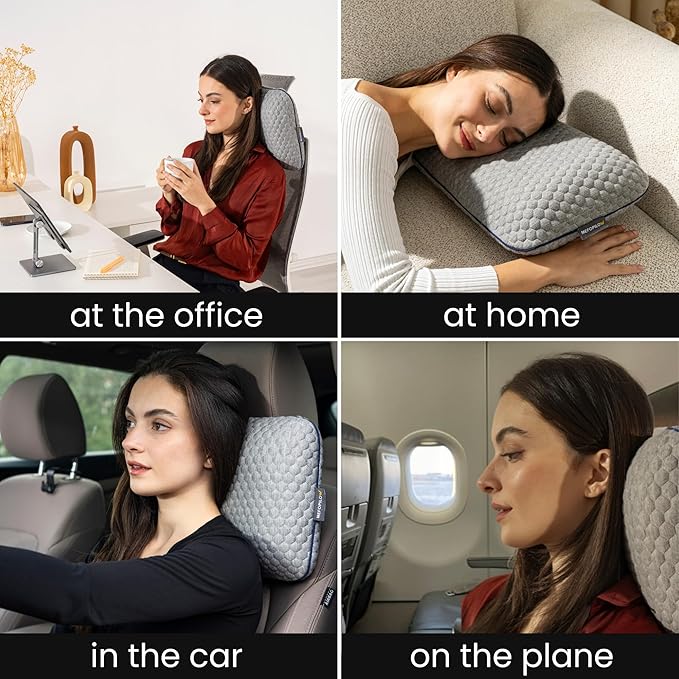 Memory Foam Travel Pillow with Washable Cover & Carry Bag – Compact, Soft & Breathable Neck Pillow for Airplane, Camping & Car (Gray- with Extra Gray Cotton Cover, 15.7x9.8x3.9 inches)