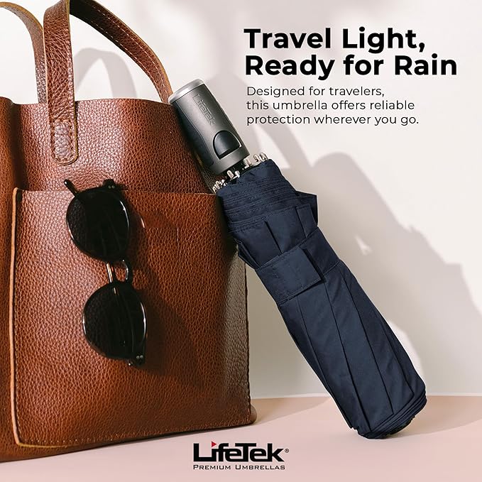 LifeTek Premium Travel Umbrella - Windproof & Compact for Men & Women, Automatic Open Close, Fits in Purse Laptop Bag or Backpack, Strong Frame for Heavy Rain & Sun UV Protection